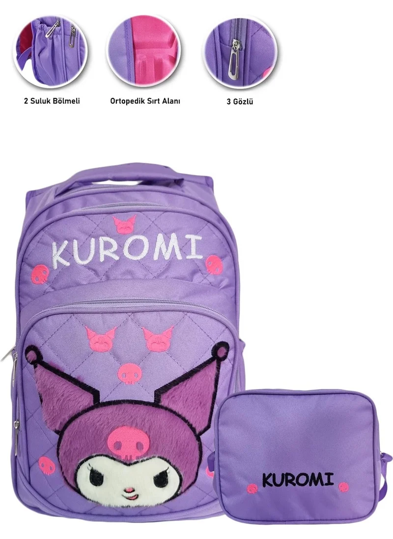 Masho Trend 3 Compartment Furry Kuromi Primary School Bag + Lunch - Kuromi Primary School Girl Bag