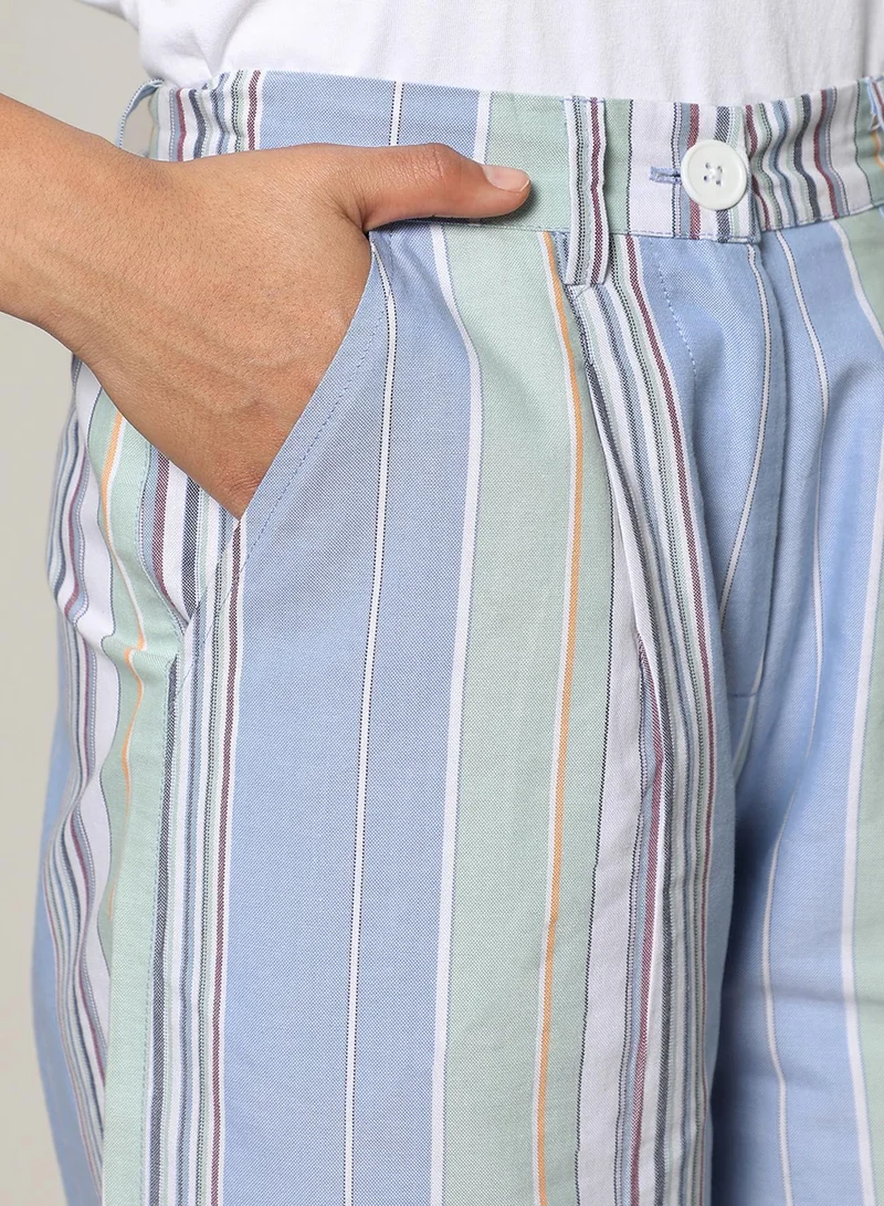 PINACOLADA Women's Powder Blue:Sage Green Unbalanced Striped Double-Breasted Co-Ord Set For Casual Wear | Lapel Collar | Long Sleeve | Button Closure | Co-Ords Designed With Comfortable Fit For Woman & Girls