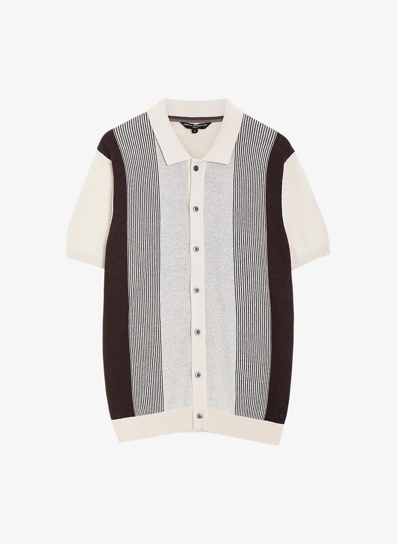 French Connection  Men's Chocolate Brown/Ecru Ss Button Through Stripe Polo T-Shirt for Men | Best Price UAE
