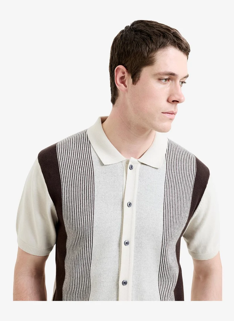 Men's Chocolate Brown/Ecru Ss Button Through Stripe Polo T-Shirt