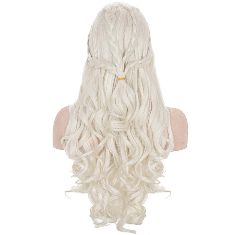 morvally Daenerys Dragon Queen Cosplay Wig for Khaleesi Long Curly Wavy Braids Hair Wigs for Women Costume Halloween PartyLight Blonde