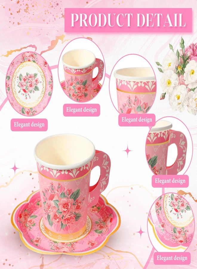 Nuogo أكواب شاي ورقية مزخرفة من نوجو 300 قطعة وصحون 7 أونصات أكواب شاي قابلة للتخلص مع مقبض وأطباق لوازم حفلات الحدائق الزفاف عيد الميلاد حفلات استقبال المواليد حفلات الزفاف يوم الأم، تخدم 150 ضيف (لون زاهي) - Image 5