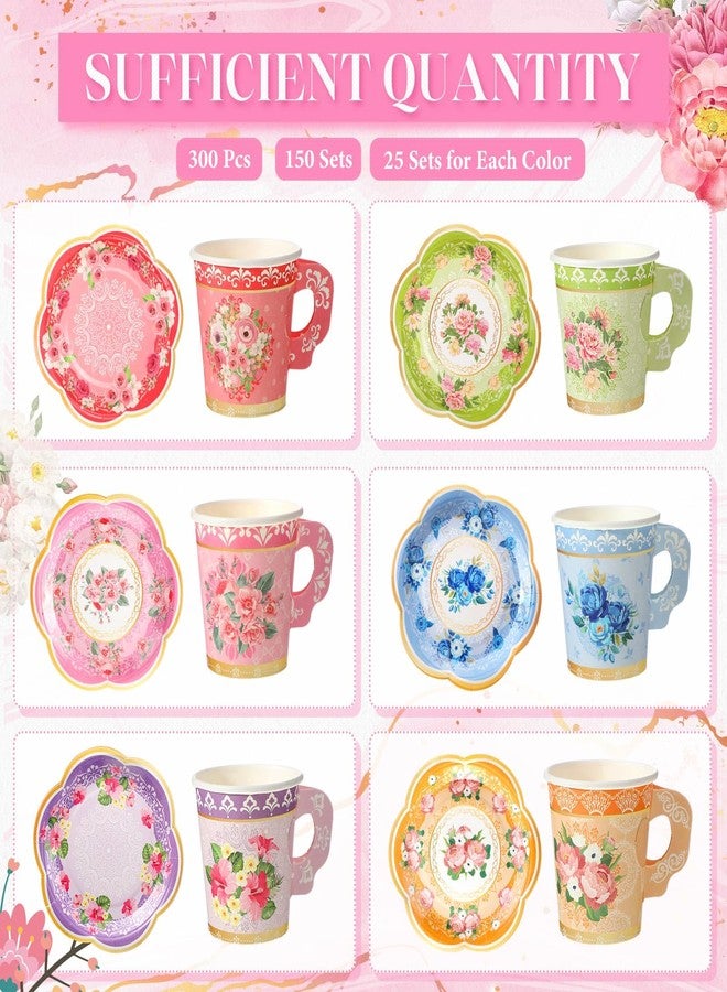 Nuogo أكواب شاي ورقية مزخرفة من نوجو 300 قطعة وصحون 7 أونصات أكواب شاي قابلة للتخلص مع مقبض وأطباق لوازم حفلات الحدائق الزفاف عيد الميلاد حفلات استقبال المواليد حفلات الزفاف يوم الأم، تخدم 150 ضيف (لون زاهي) - Image 3