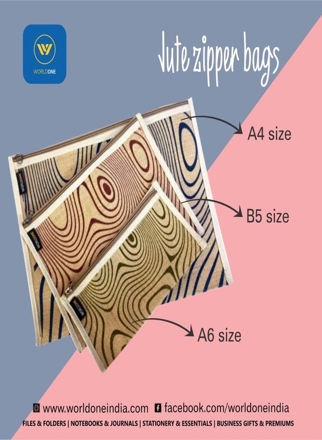 Worldone Eco Friendly Jute Document Zipper Bag with Cotton Edge Binding, Non-Rigid, One Big Pocket, Ideal for Use as Multiutility/Office Bag, Size A4, Assorted Color, Pack of 3 - Image 2