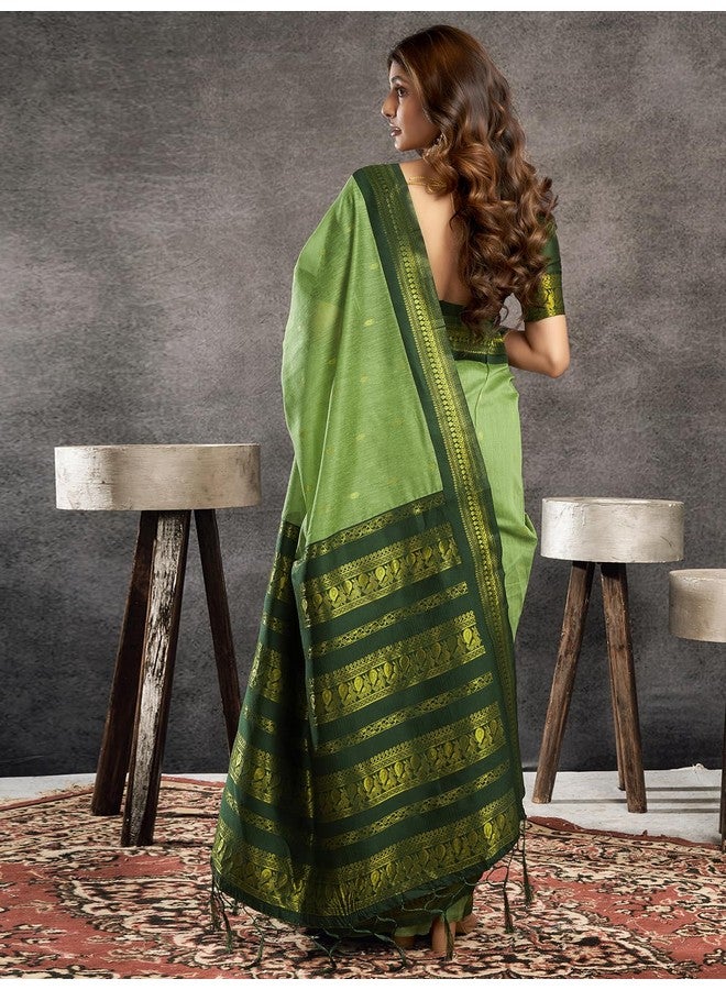 satrani Satrani Women's Cotton Blend Banarasi Jacquard Saree with Unstitched Blouse Piece (3831S122N_Pista Green & Dark Green) - Image 3