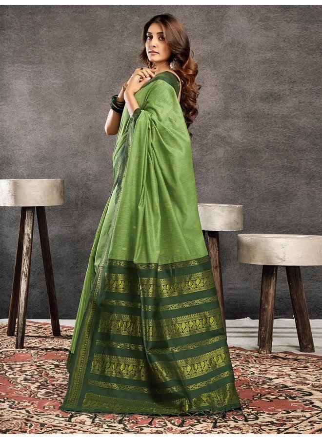 satrani Satrani Women's Cotton Blend Banarasi Jacquard Saree with Unstitched Blouse Piece (3831S122N_Pista Green & Dark Green) - Image 2