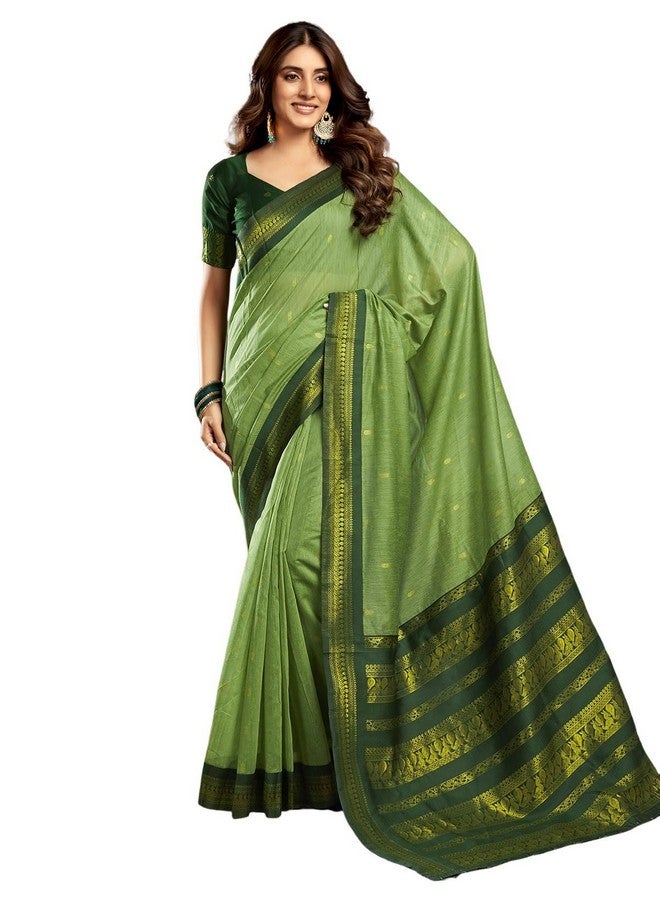 satrani Satrani Women's Cotton Blend Banarasi Jacquard Saree with Unstitched Blouse Piece (3831S122N_Pista Green & Dark Green) - Image 1