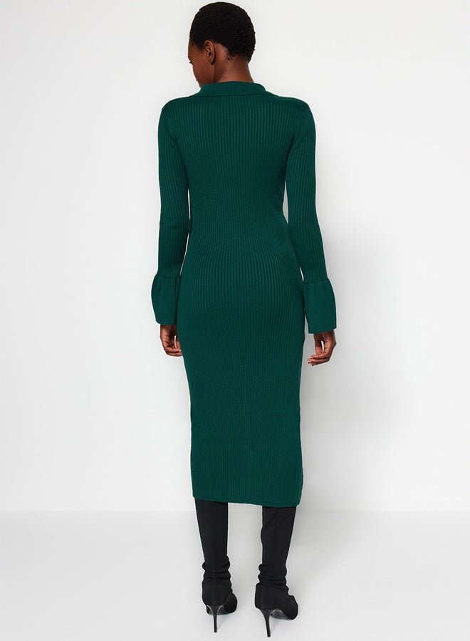 trendyol Emerald Green Mercerized Look Sleeve Detailed Maxi Knit Dress - Image 5