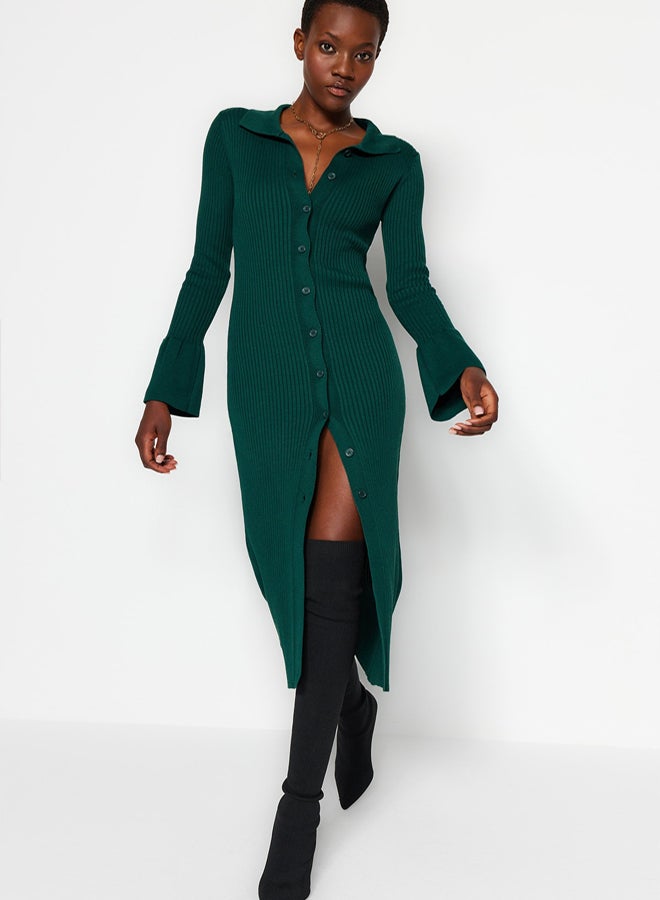 trendyol Emerald Green Mercerized Look Sleeve Detailed Maxi Knit Dress - Image 2