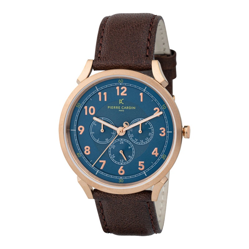 PIERRE CARDIN CPI.2054 ELEGANT ROSE GOLD - MEN'S STYLISH BLUE DIAL LEATHER WATCH - Image 1
