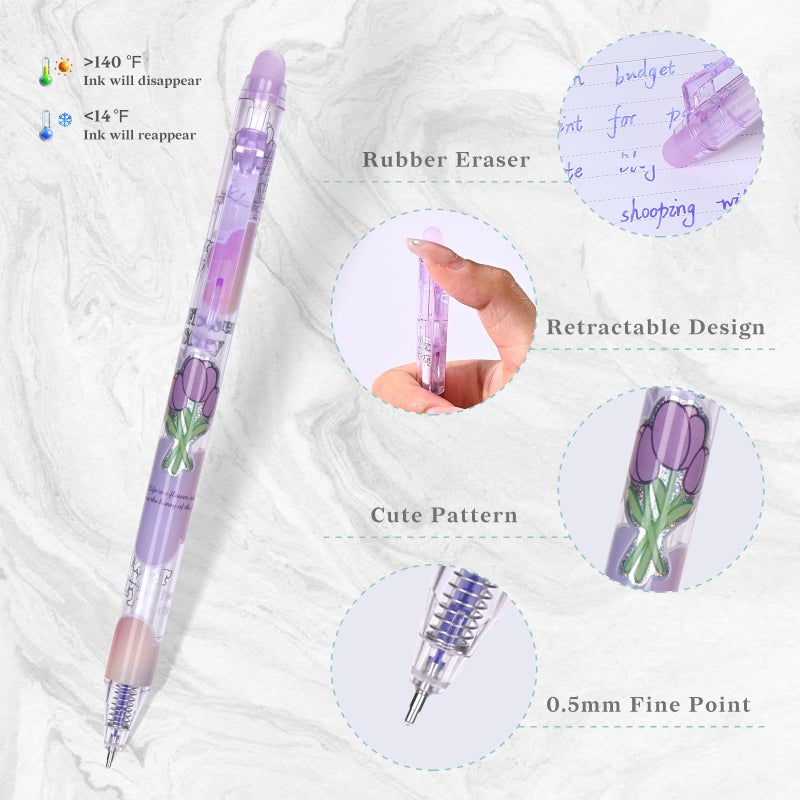 Temiary 12Pcs Cute Erasable Gel Pens, Make Mistakes Disappear, 0.5mm Fine Point Smooth Writing for Planner Puzzles, Blue Ink No Smudge for School Office Supplies (Purple) - Image 3