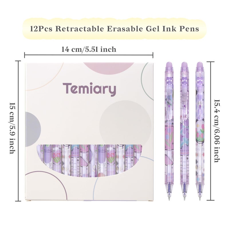 Temiary 12Pcs Cute Erasable Gel Pens, Make Mistakes Disappear, 0.5mm Fine Point Smooth Writing for Planner Puzzles, Blue Ink No Smudge for School Office Supplies (Purple) - Image 2