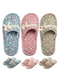 Excefore 3 Pairs Floral Cotton House Slippers for Women, Open Toe Indoor Slippers Comfortable Washable Portable Foldable Guest Travel Hotel Airplane Spa Slippers  - Image 1