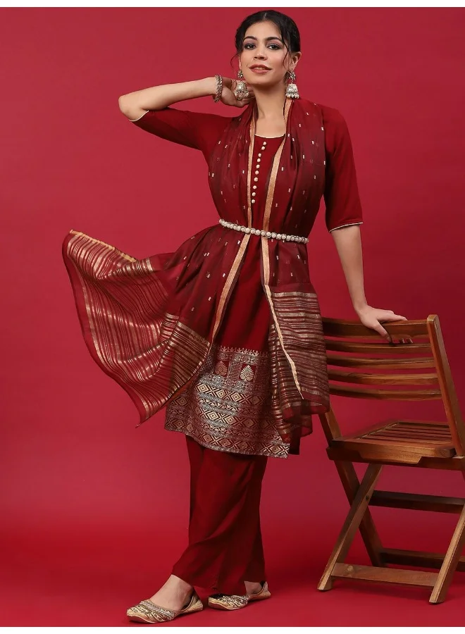 AKS Maroon & Gold Printed Kurta & Palazzo With Dupatta Set