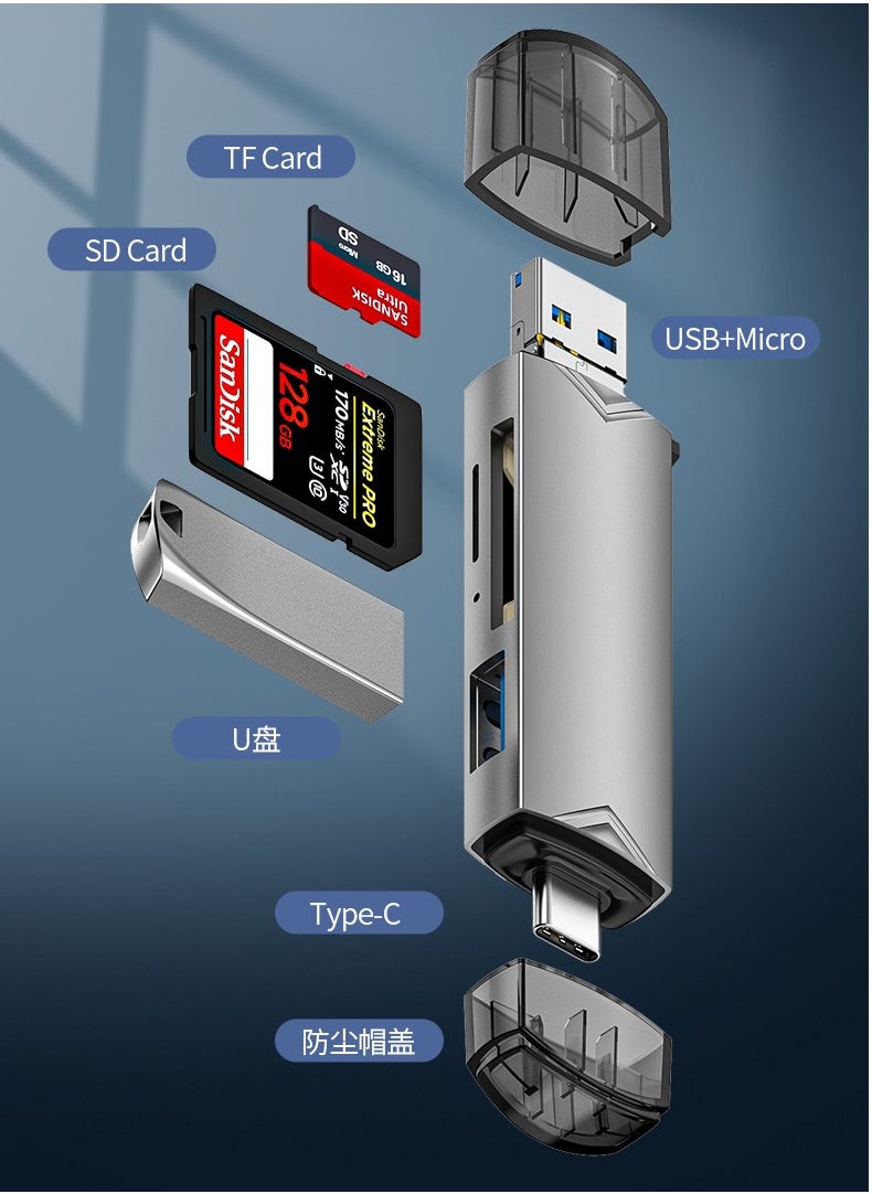 JEEJPV SD card reader USB 3.0 USB C OTG dual slot 6-in-1 multi-function card reader, supports SD card TF, camera, computer, mobile phone（silver) 