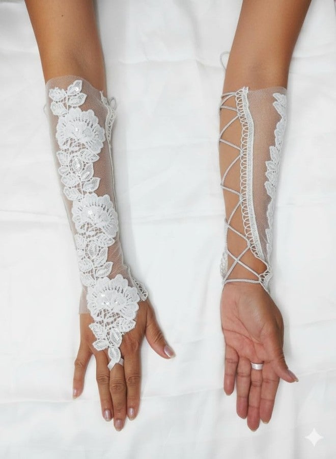 Devino Ora Wedding Bridal Ambroidery Siquence Lace Fingerless Hand Gloves first Holy Communion Confermation For Girls Women (Long Ambro, 36 CM) - Image 2