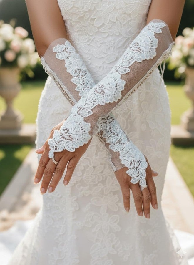 Devino Ora Wedding Bridal Ambroidery Siquence Lace Fingerless Hand Gloves first Holy Communion Confermation For Girls Women (Long Ambro, 36 CM) - Image 5