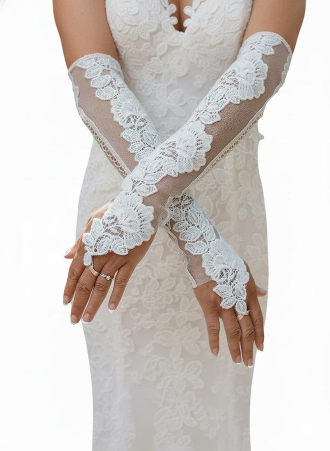 Devino Ora Wedding Bridal Ambroidery Siquence Lace Fingerless Hand Gloves first Holy Communion Confermation For Girls Women (Long Ambro, 36 CM) - Image 1