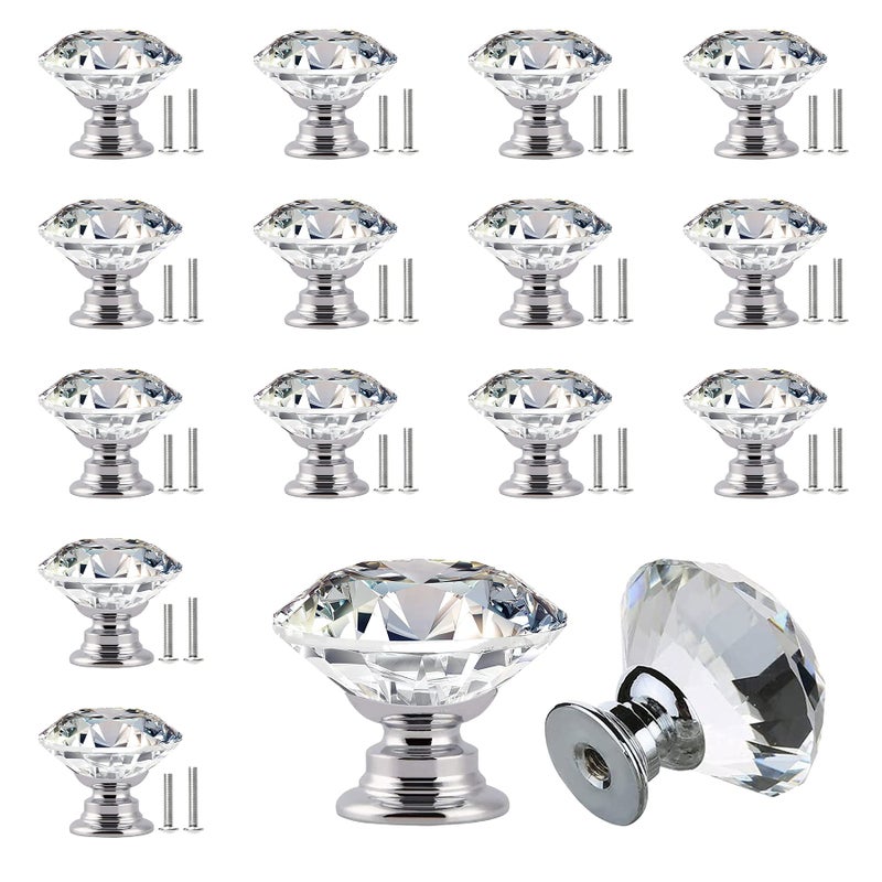 YEYIT 16 Pack 25mm Crystal Glass Diamond Door Cabinet Knobs,Transparent Diamond Crystal Cupboard Drawer Pull Handle with 2 Sizes of Screws,for Furniture Cabinet Door Drawer Dressing Table Decoration - Image 1