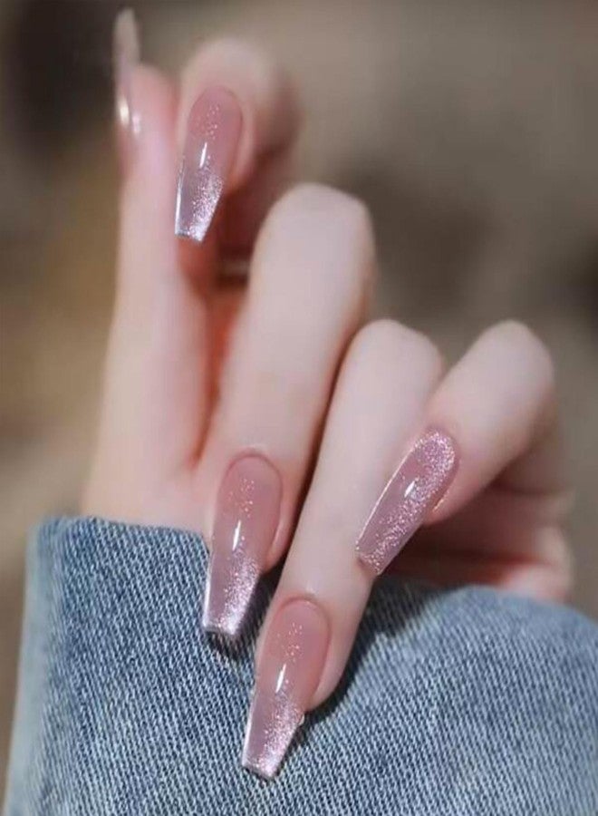 TOGZOM Long Coffin Press on Nails Light Pink Cat Eye Fake Nails Long Coffin False Nails with Gradient & Glitter Design Glossy Full Cover Glossy Acrylic Nails Reusable Stick on Nail for Women Girls 24Pcs - Image 2