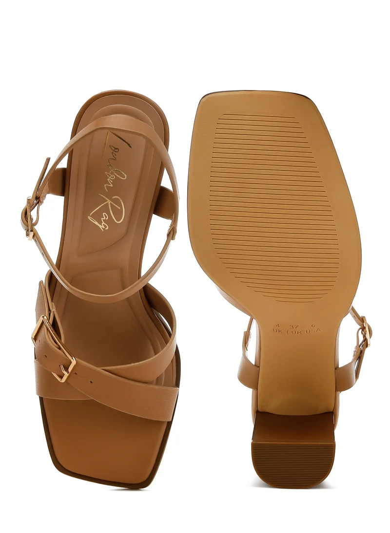 London Rag Buckle Detail Faux Leather Sandals in Camel