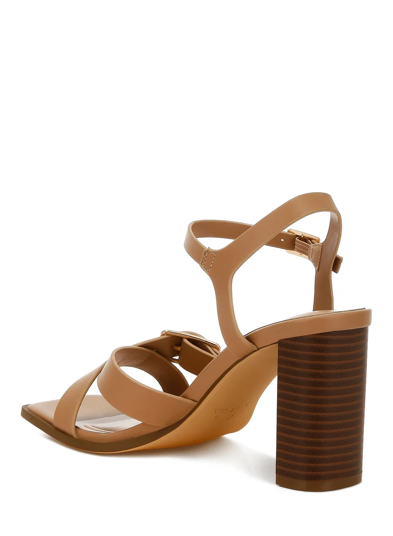 London Rag Buckle Detail Faux Leather Sandals in Camel