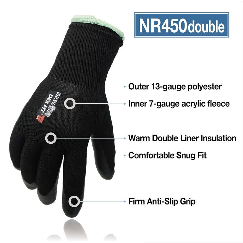DEX FIT قفازات عمل دافئة مزدوجة NR450 مبطنة، معزولة، ملائمة ومريحة، قبضة قوية، خفيفة الوزن، متينة، مطلية بمطاط نيتريل قائم على الماء، قابلة للغسل في الغسالة؛ سوداء XL (10) 2 زوج - Image 2