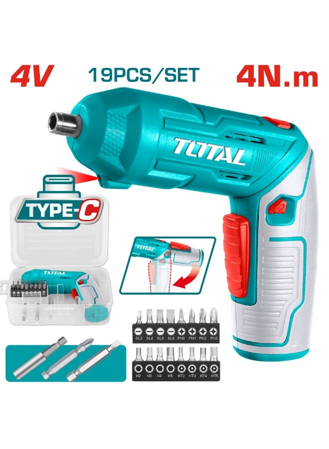 Total  Cordless Screwdriver 4 Volt 19 Pcs TSDLI0442 - Image 1