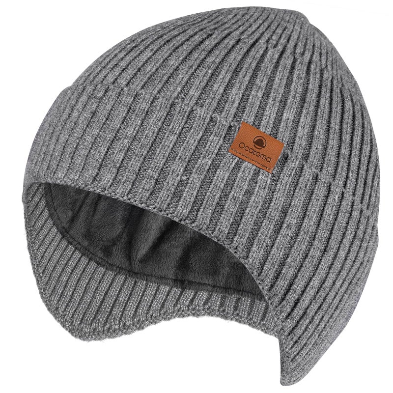 Ocatoma Winter Beanie with Earflap for Men Women Warm Knit Soft Hat Outdoor Beanie Unisex Gifts for Men Women Grey - Image 1