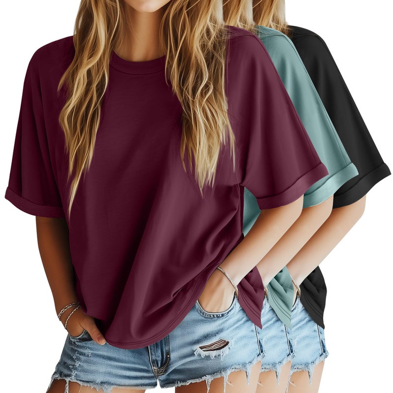 Riyiper 3 Pack Women's Oversized T-Shirt Half Sleeve Summer Tees Casual Loose Fit Crew Neck Basic Tops(Black, Burgundy, Sage Green,Medium) - Image 1