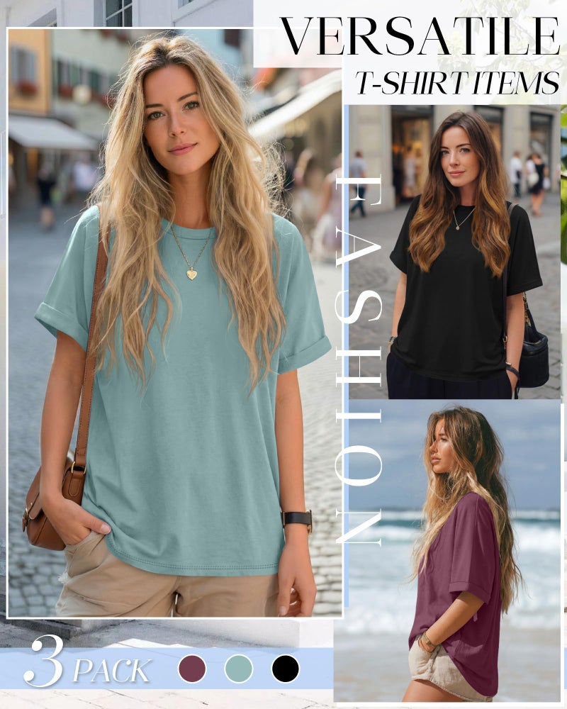 Riyiper 3 Pack Women's Oversized T-Shirt Half Sleeve Summer Tees Casual Loose Fit Crew Neck Basic Tops(Black, Burgundy, Sage Green,Medium) - Image 5