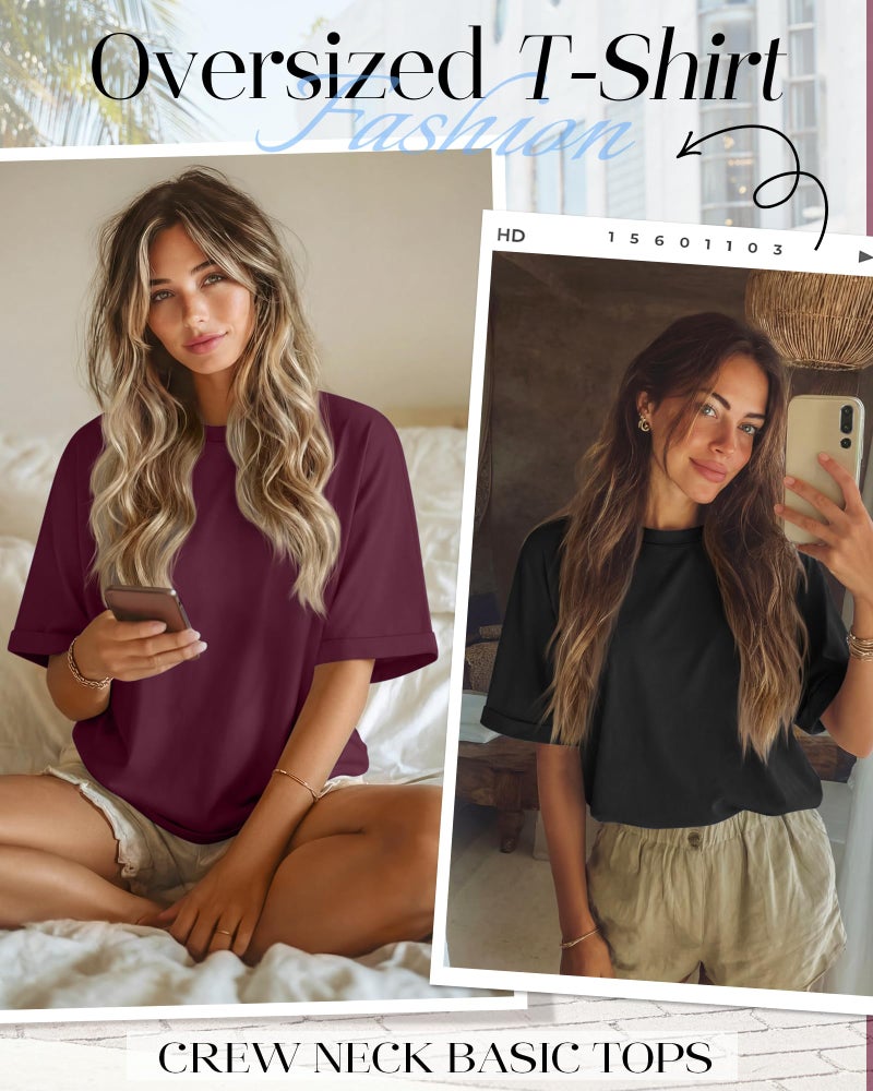 Riyiper 3 Pack Women's Oversized T-Shirt Half Sleeve Summer Tees Casual Loose Fit Crew Neck Basic Tops(Black, Burgundy, Sage Green,Medium) - Image 4