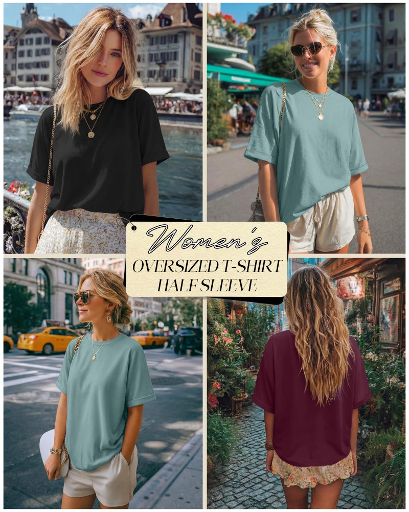 Riyiper 3 Pack Women's Oversized T-Shirt Half Sleeve Summer Tees Casual Loose Fit Crew Neck Basic Tops(Black, Burgundy, Sage Green,Medium) - Image 2