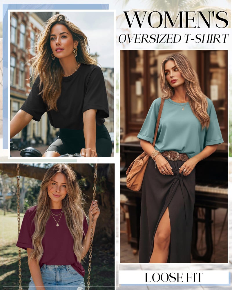 Riyiper 3 Pack Women's Oversized T-Shirt Half Sleeve Summer Tees Casual Loose Fit Crew Neck Basic Tops(Black, Burgundy, Sage Green,Medium) - Image 3