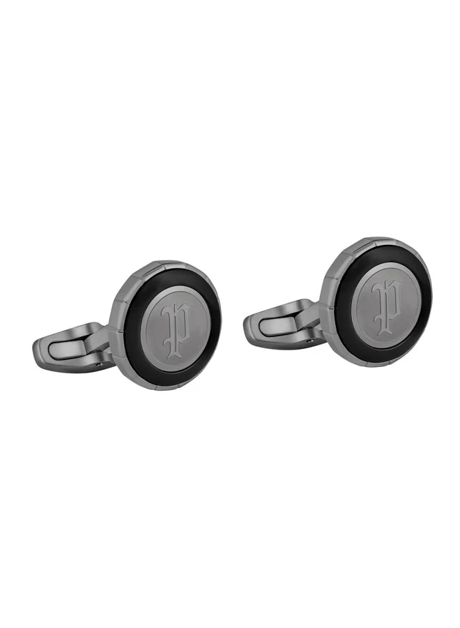 بوليس Carver Gunmetal Black Stainless Steel Round Cufflinks for Men