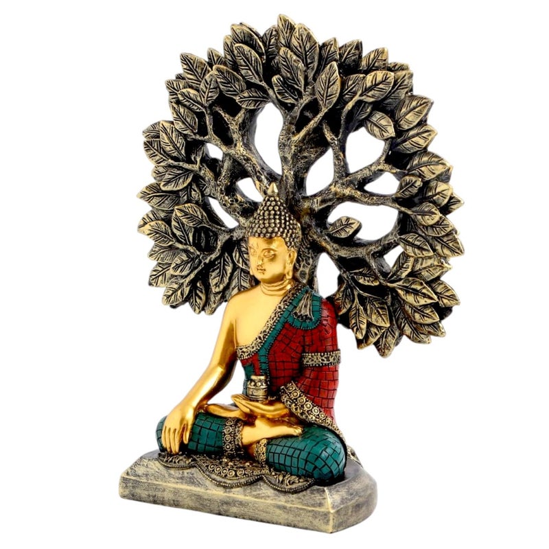 Karigaari India Handcrafted Buddha Showpiece with Bodhi Tree for Home Decor Meditation Buddha Idol with Antique Finish Peaceful Buddha Bust Sculpture for Pooja Room Office and Gift - Image 3