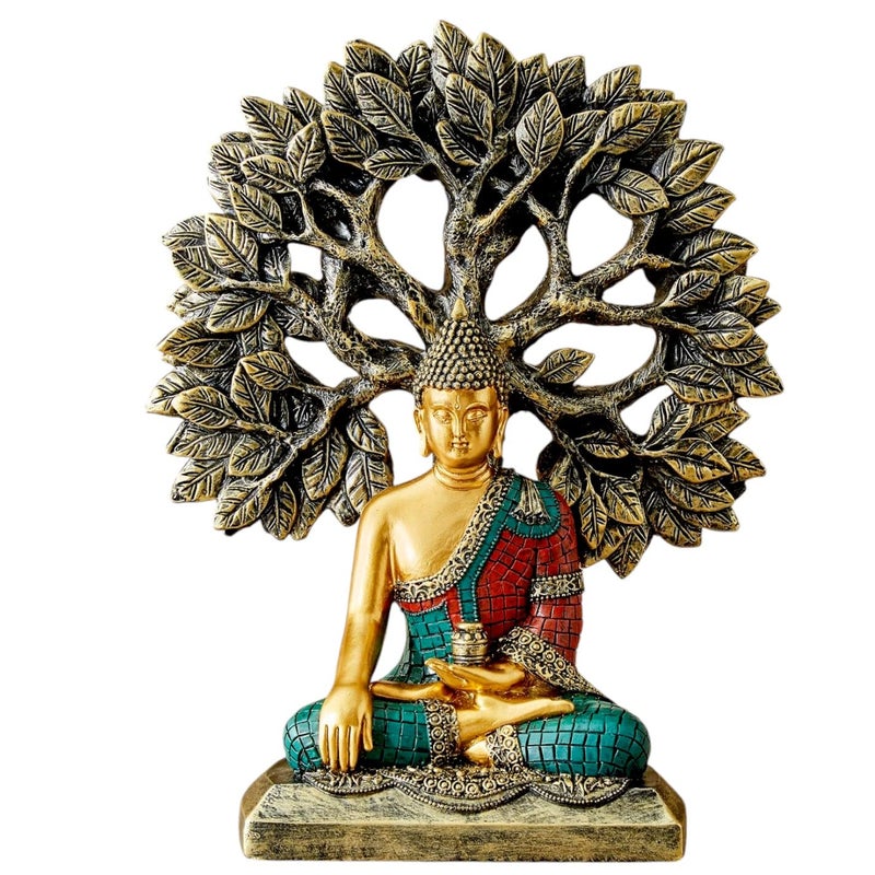 Karigaari India Handcrafted Buddha Showpiece with Bodhi Tree for Home Decor Meditation Buddha Idol with Antique Finish Peaceful Buddha Bust Sculpture for Pooja Room Office and Gift - Image 2