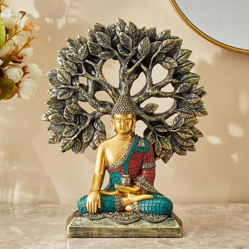 Karigaari India Handcrafted Buddha Showpiece with Bodhi Tree for Home Decor Meditation Buddha Idol with Antique Finish Peaceful Buddha Bust Sculpture for Pooja Room Office and Gift - Image 1