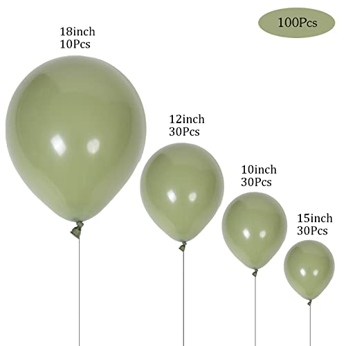 DECGOL 100pcs Sage Green Balloons 18 inch +12 inch +10 inch +5 inch Party Eucalyptus Olive Green Birthday Balloon Baby Shower Wedding Balloons - Image 3