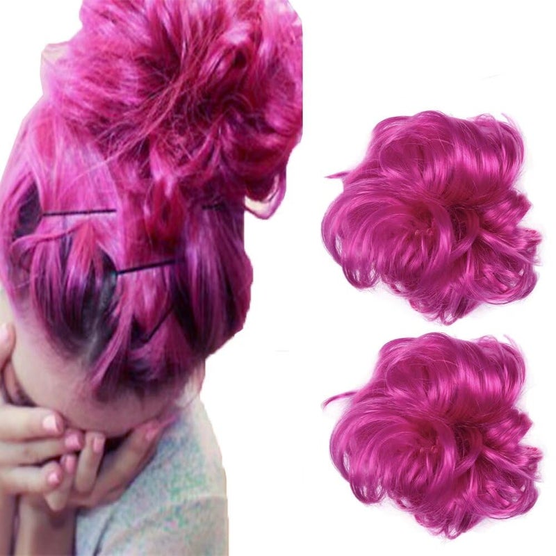 iLUU Hot Pink Color Messy Hair Bun Chignons Synthetic Hair Extensions Wavy Updo Scrunchy Hairpieces Hair Extension for Beauty Women Girls Ladies Party Cosplay 2pcs 8D