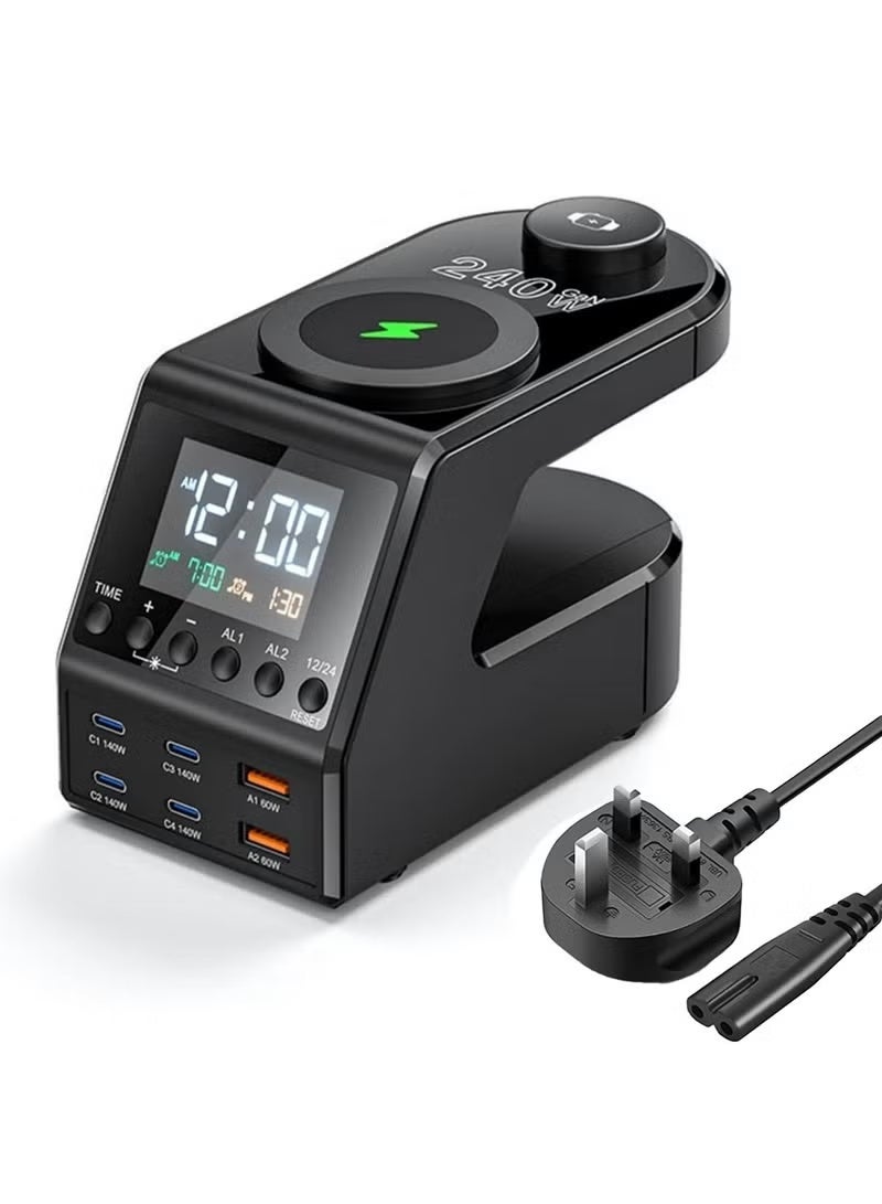 BlueFire 240W GaN Charger Station 10-in-1 – Smart Desktop Hub with 4x 140W USB-C PD3.1, 2x QC3.0 USB-A, 15W Wireless iPhone Charger, 5W Apple Watch Charger, Digital Clock & Dual Alarm, Adjustable Night Light, Universal Fast Charging for MacBook, iPad, Phones & Tablets – All-in-One Power Organizer - Image 1