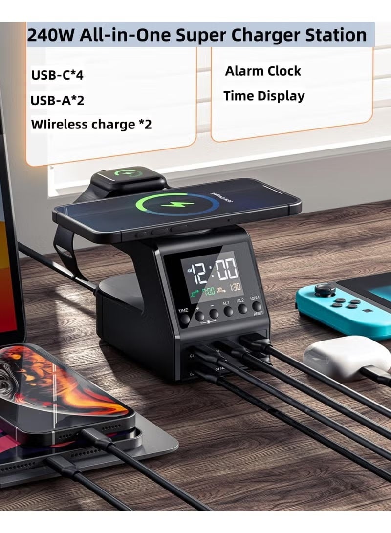 BlueFire 240W GaN Charger Station 10-in-1 – Smart Desktop Hub with 4x 140W USB-C PD3.1, 2x QC3.0 USB-A, 15W Wireless iPhone Charger, 5W Apple Watch Charger, Digital Clock & Dual Alarm, Adjustable Night Light, Universal Fast Charging for MacBook, iPad, Phones & Tablets – All-in-One Power Organizer - Image 5