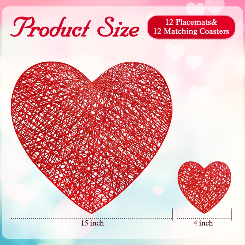 Kidum 12Sets Valentines Day Red Love Heart Placemats, Placemats and Matching Coaster Valentines Day Decorations Metallic Pressed Vinyl Table Mat for Wedding Romantic Night Anniversary Party (Red) - Image 2