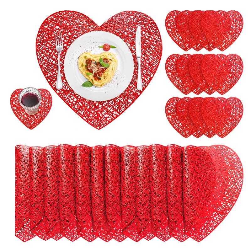 Kidum 12Sets Valentines Day Red Love Heart Placemats, Placemats and Matching Coaster Valentines Day Decorations Metallic Pressed Vinyl Table Mat for Wedding Romantic Night Anniversary Party (Red) - Image 1