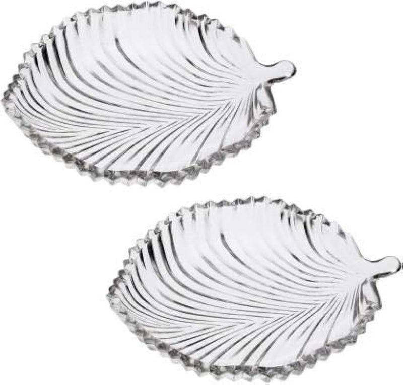 Kosh Stylish Modern Elegant Transparent Crystal Lightweight Durable Glass 20 cm Leaf Plate for Serving Dry Fruits Snacks Candy Ice Cream Sweets and Decoration Home Decor Leaf Plate 2PC - Image 1