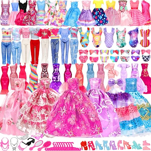 Bymore 71 Pcs Doll Clothes and Accessories, 5 Wedding Gowns 9 Fashion Dresses 3 Tops 3 Pants 3 Bikini Swimsuits 20 Shoes for 11.5 inch Doll Christmas Stocking Stuffers Girls Gift Age 5-7 8-10 - Image 1