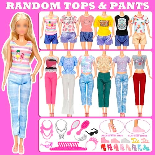 Bymore 71 Pcs Doll Clothes and Accessories, 5 Wedding Gowns 9 Fashion Dresses 3 Tops 3 Pants 3 Bikini Swimsuits 20 Shoes for 11.5 inch Doll Christmas Stocking Stuffers Girls Gift Age 5-7 8-10 - Image 5