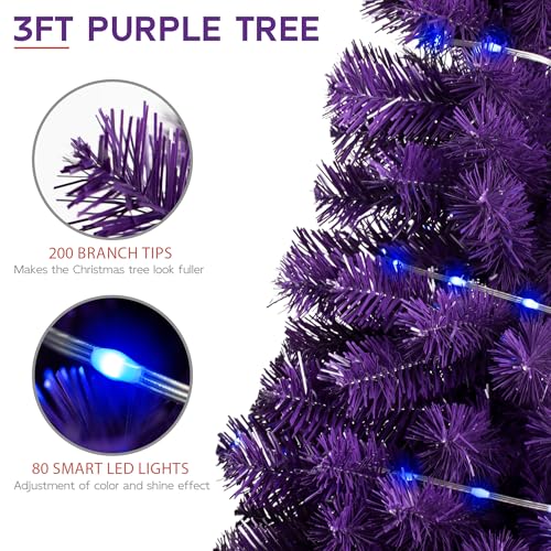 ELAMAS Purple 3ft Halloween Tree with Lights, Christmas 36inch Artificial Small Tree Mini Table Top Decorations, Xmas Desk Tree with 80 Color Lights, 200 Branch, Holiday Decor for Home,Indoor Office Tabletop - Image 5