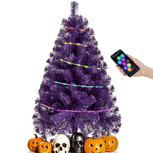 ELAMAS Purple 3ft Halloween Tree with Lights, Christmas 36inch Artificial Small Tree Mini Table Top Decorations, Xmas Desk Tree with 80 Color Lights, 200 Branch, Holiday Decor for Home,Indoor Office Tabletop - Image 1