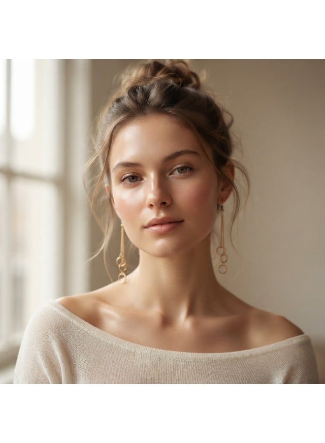 Julia Store 18K Gold Plated Stainless Steel Aesthetic Exquisite Luxury Elegant Dainty Cute Trendy Delicate Modern Multilevel Geometric Hollow Round Tassel Long Chain Circle Drop Dangle Earrings Jewelry Gift For Women - Image 3